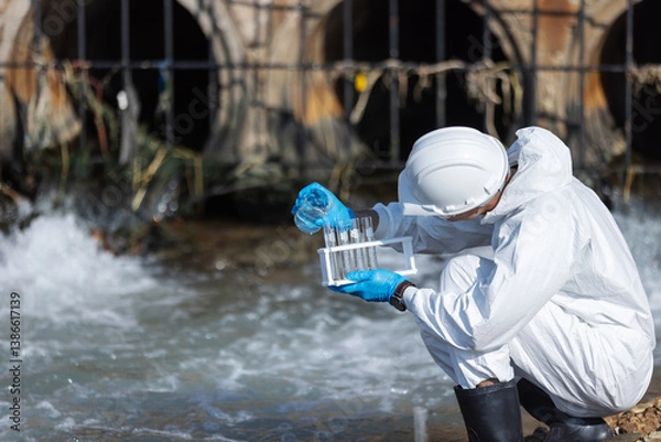 Fototapeta A scientist wearing a white protective suit and helmet collects and examines water samples in test tubes near a factory drainage outlet, monitoring for pollution and water contamination.