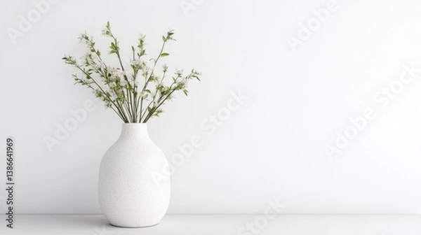 Fototapeta A white vase holds delicate white flowers. The simple composition features a minimalist aesthetic against a white background. The image is high quality with even lighting. The color palette is sere