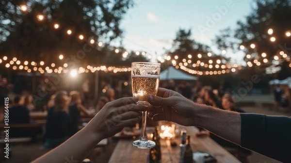 Obraz Colleagues celebrating success with a toast at an outdoor team-building event, happy and excited expressions