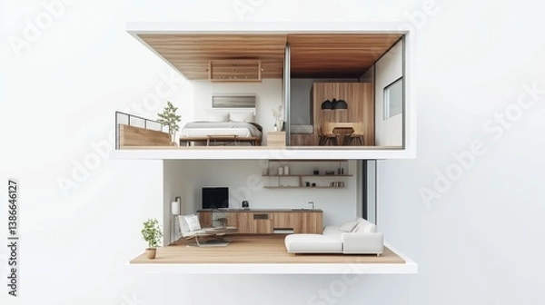 Fototapeta Modern Minimalist Apartment Interior Two Level Cross Section View