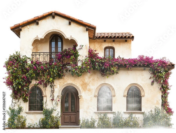 Obraz Mediterranean villa with terracotta roof tiles, stucco walls, arched windows, and flowering vine trellis, isolated on white background