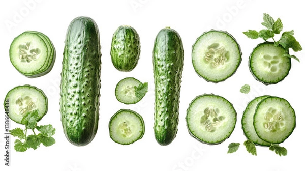Fototapeta Fresh Cucumber Composition: Fresh, crisp cucumbers presented in an overhead composition, featuring whole and sliced variations, complemented by sprigs of fresh herbs, showcasing a vibrant.