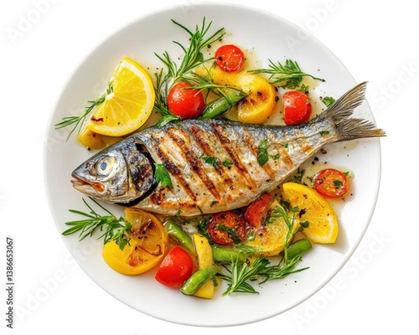 Obraz Grilled fish served with lemon, cherry tomatoes, and fresh herbs creates vibrant and appetizing dish. colorful presentation highlights freshness and flavor of ingredients