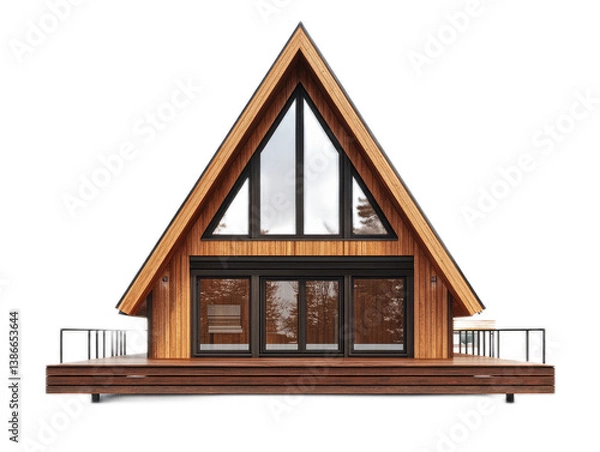 Obraz Lakeside A-frame cabin with large triangular windows, wooden deck, and steep roof, isolated on white background