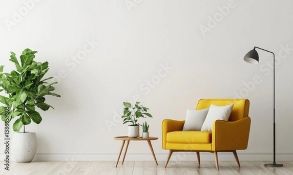 Fototapeta Modern, yellow armchair in a bright, minimalist living room