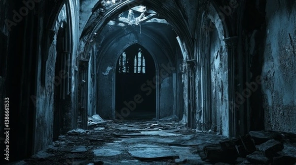 Fototapeta Dark arched hallway with gothic architecture and window light.