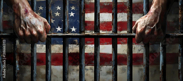 Fototapeta Behind Bars: A thought-provoking image of human hands gripping the cold iron bars of a jail cell, with the American flag in the blurred background.