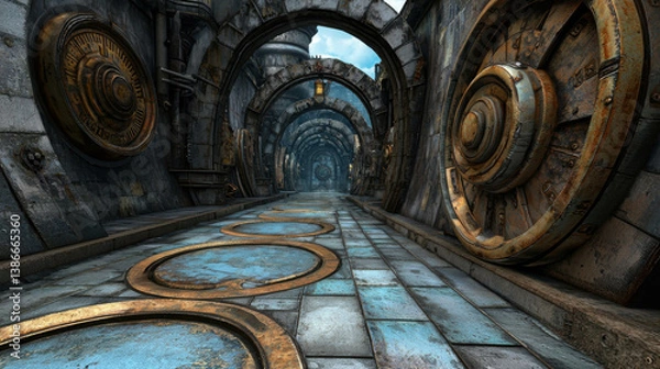 Fototapeta Intricate Fantasy Corridor with Metal Panels and Detailed Architecture in a Surreal Setting