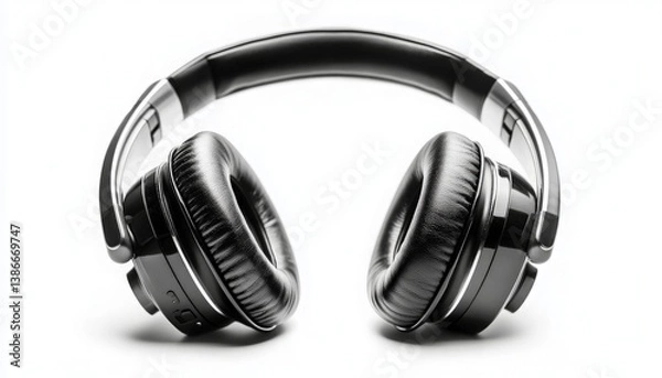 Obraz Sleek Black Headphones on White Background for Audio Product Display, Perfect for Music Lovers and Audiophiles Seeking Stylish and Modern Accessories for Their Listening Experience.