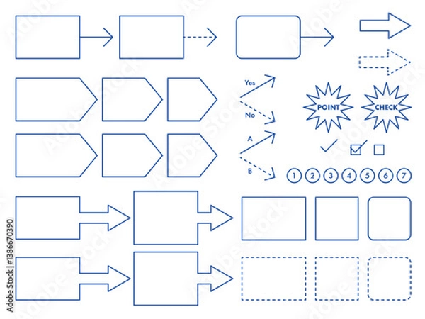 Fototapeta フローチャートに使えるフレームと矢印などの素材セット(青線塗りなし)