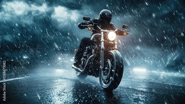 Obraz motorcycle riding through a rainstorm.