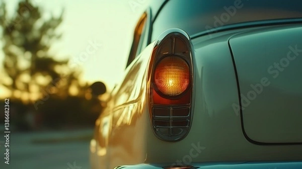 Fototapeta white rear lamp on an old vintage car. The classic design of the lamp contrasts with the antique features of the vehicle, creating a nostalgic and timeless vibe