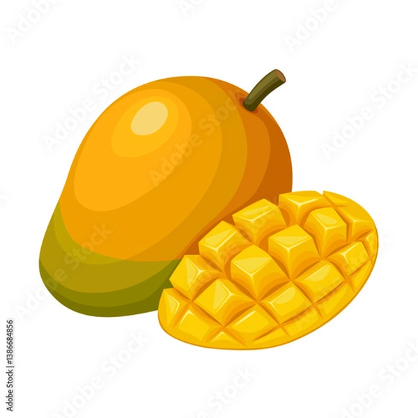 Obraz Illustration of mango fruit with mango cubes, isolated on a white background.