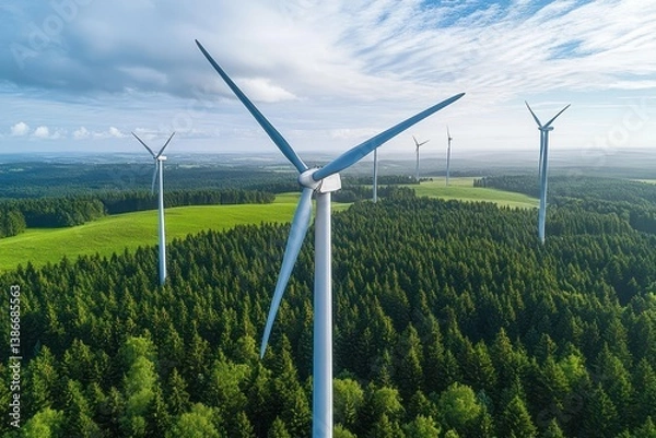 Fototapeta Wind Power Energy Turbines in Green Landscape for a Clean Renewable Future