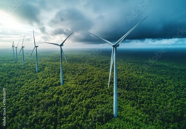 Fototapeta Wind Turbines in Green Landscape with Clear Sky and Forest