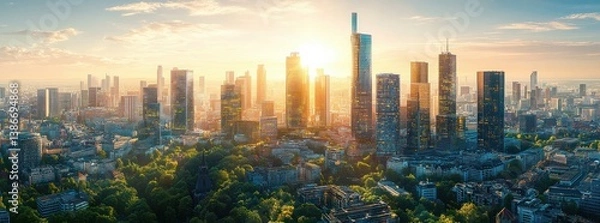 Fototapeta Aerial View of Frankfurt Skyline at Sunrise with Futuristic Architecture and Lush Greenery