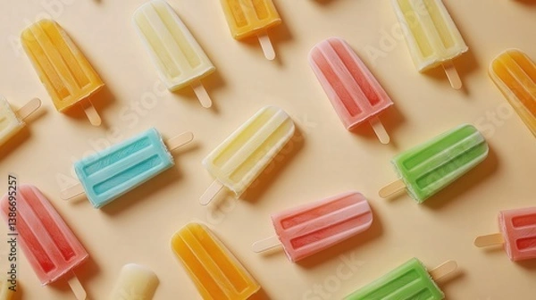 Fototapeta colorful ice cream popsicles arranged in a neat pattern on a beige background.