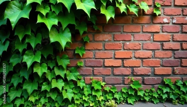 Fototapeta Green ivy wraps around weathered brick, blending into surroundings, foliage, brick