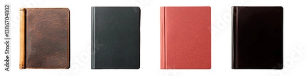 Fototapeta A collection of four notebooks in varying colors and textures, showcasing different designs and finishes.