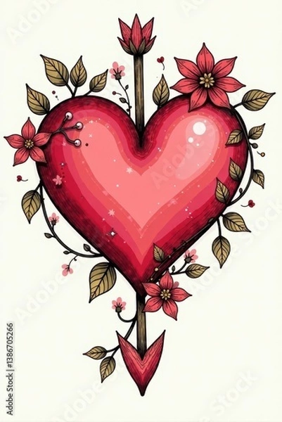 Fototapeta Hand-drawn heart arrow with floral patterns and vines intertwined around it, romance, decoration