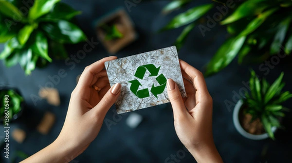 Fototapeta Embracing zero waste and sustainability, this showcases hand holding card with recycling symbol, highlighting importance of ecology