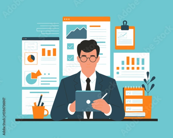 Fototapeta Data Analyst Using Tablet for Market Trends and Investment Analysis, Financial Strategy and Reporting Charts Illustration
