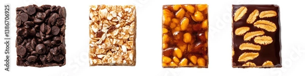 Fototapeta A selection of four distinct chocolate bars featuring various textures and ingredients, showcasing different flavors and styles.