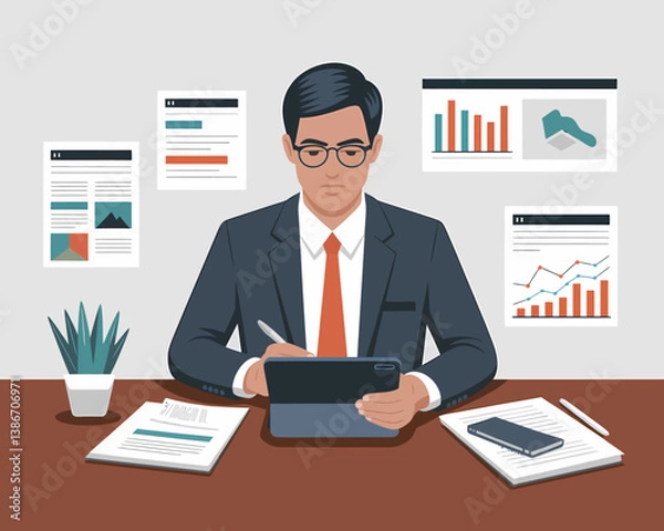 Fototapeta Business Analyst Reviews Reports and Data on a Tablet Computer in Office - Vector Illustration