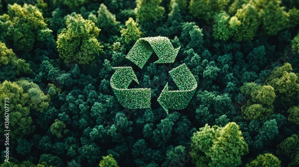 Fototapeta Sustainability and zero waste are vital for our ecology, as seen in this lush forest with green recycling symbol