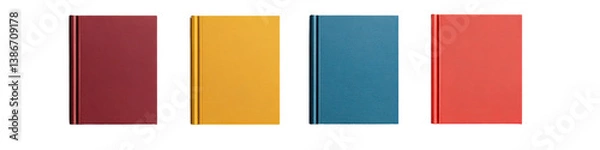 Fototapeta A collection of four books in varying colors: red, yellow, blue, and orange, showcasing a simple yet vibrant design.