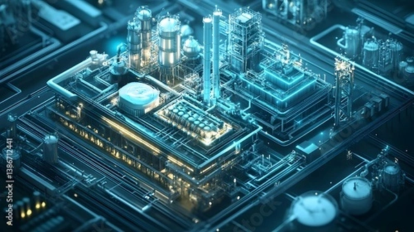 Fototapeta A computer generated image of a large industrial plant. The image is in black and white and has a futuristic feel to it. The plant is made up of many different components, including pipes, tanks