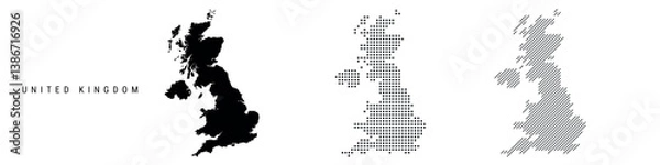 Obraz United Kingdom silhouette map and two patterns of dots and slanted lines. Flat vector illustration isolated on white