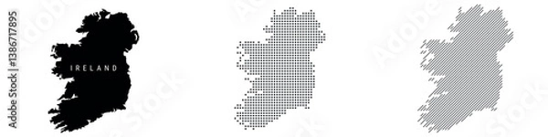 Fototapeta Ireland detailed silhouette map, dotted pattern and slanted parallel lines pattern. Irish textured stylized map. Vector illustration isolated on white.