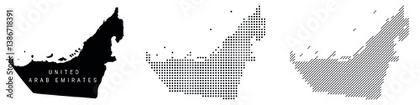 Fototapeta United Arab Emirates silhouette map and two patterns of dots and slanted lines. Flat vector illustration isolated