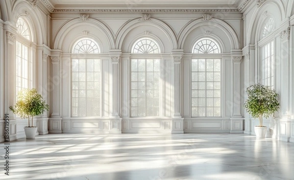 Fototapeta Elegant White Room with Arched Windows and Classic Moldings Featuring Soft Light and Minimalist Decor