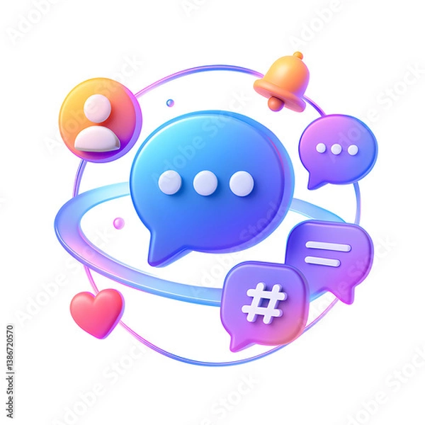 Fototapeta 3D social message PNG icon isolated on transparent background – chat bubble, user avatar, heart, and hashtag in orbit layout.
