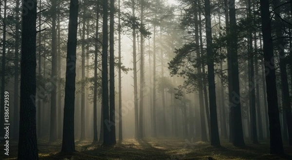 Fototapeta Shadowy Forest Path in Early Mist