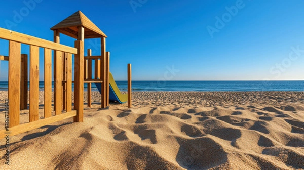 Fototapeta Wooden playground structure beside sandy beach with clear blue sky and calm ocean waves