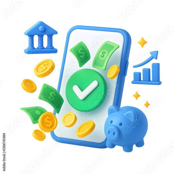 Fototapeta 3D mobile finance success icon with piggy bank in PNG transparent background for business, banking, and money management illustration.
