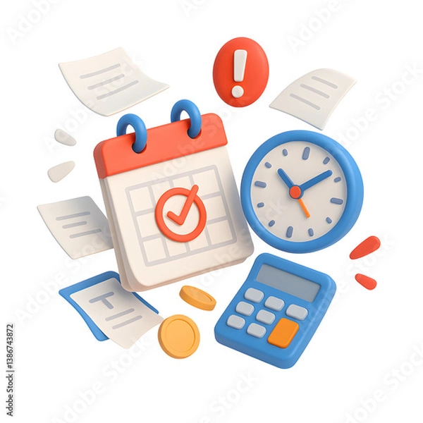 Fototapeta 3D tax deadline stress icon with calendar, documents and clock in PNG transparent background for business and finance pressure visuals.

