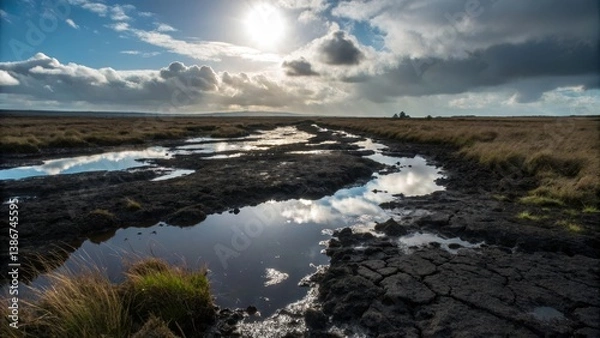 Fototapeta Moorland Landscape with Puddles and Sky Reflection