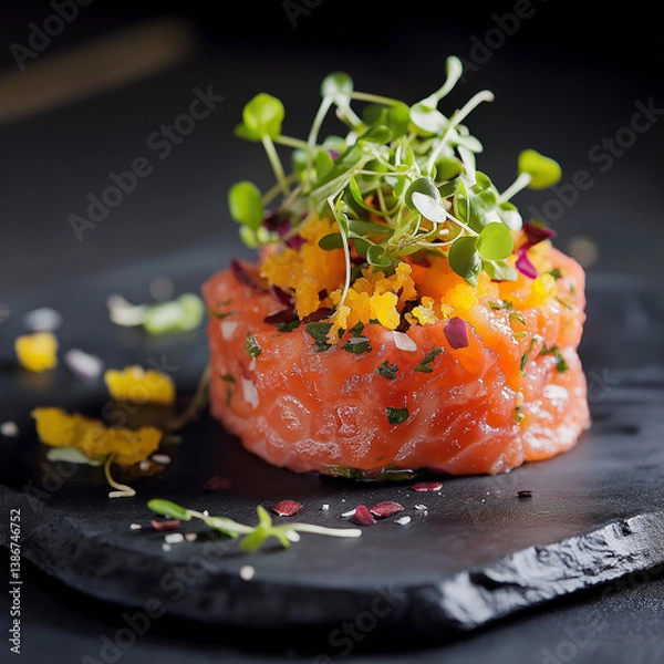 Fototapeta salmon tartare appetizer on a slate serving board, garnished with microgreens and citrus zest.