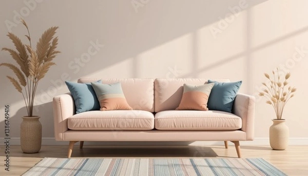 Obraz Modern living room interior with sofa, pillows and plants in a minimalist style