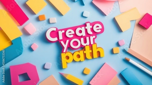 Fototapeta Colorful Paper Shapes with Create Your Path Text for Inspiration