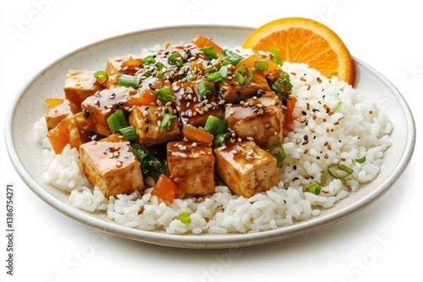 Fototapeta Vibrant and Flavorful Plate of Tofu Stir Fry with Rice and Fresh Orange Garnish Perfect for Healthy Eating Enthusiasts