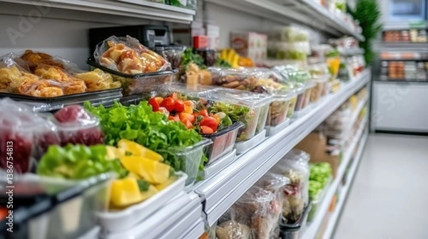 Fototapeta Fresh produce and prepared foods fill store shelves. Packaged salads, fruits, and baked goods are neatly displayed. The image is high-quality, brightly lit, showcasing vibrant colors. The style is