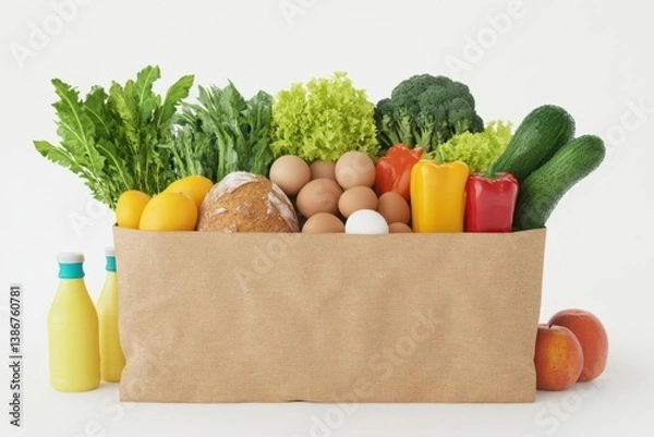 Fototapeta Fresh assortment of vegetables, fruits, and eggs in a basket on a clean background