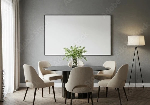 Fototapeta Dining room with round table chairs flowers and a large blank canvas on the wall in a modern style