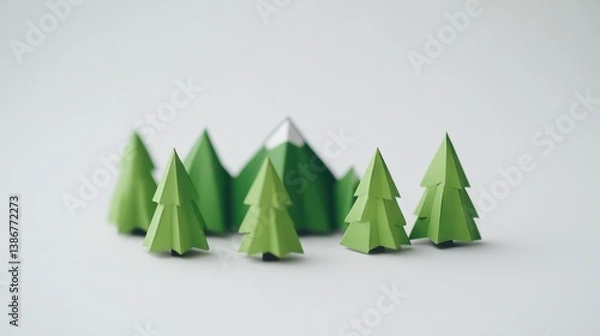 Fototapeta Paper Craft Trees and Mountain in Minimalist Nature Scene