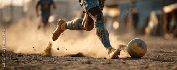 Fototapeta Dynamic soccer player kicking a ball, creating a cloud of dust on a gritty field.